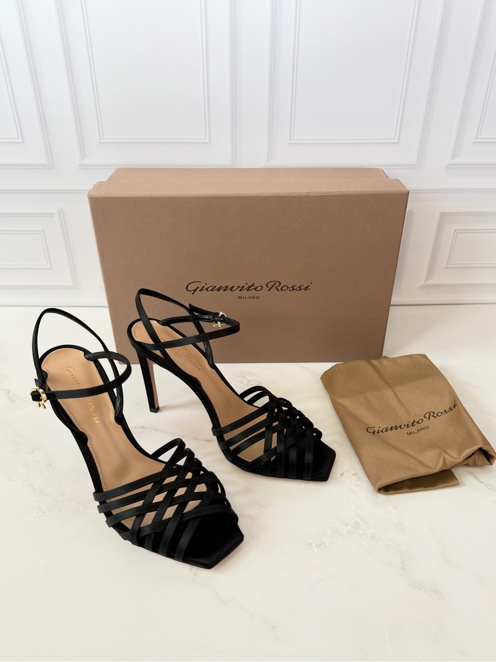 Gianvito Rossi Kerry 95 Black Satin Strappy Sandals Heels EU 36.5 NIB